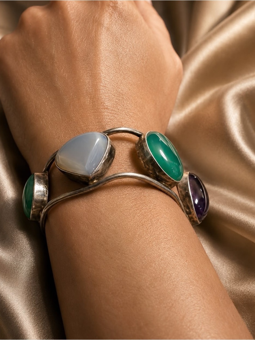 Artisan Sterling Style Multi Gemstone Freeform Cuff Bracelet Vintage